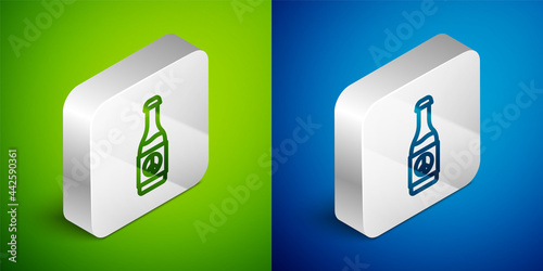 Isometric line Beer bottle icon isolated on green and blue background. Silver square button. Vector
