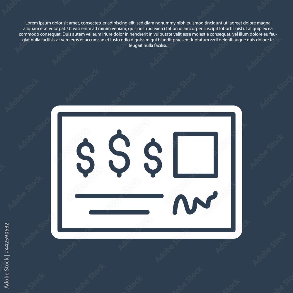 Blue line Blank template of the bank check and pen icon isolated on blue background. Checkbook cheque page with empty fields to fill. Vector Blue line Blank template of the bank check and pen icon isolated on blue background. Checkbook cheque page with empty fields to fill. Vector