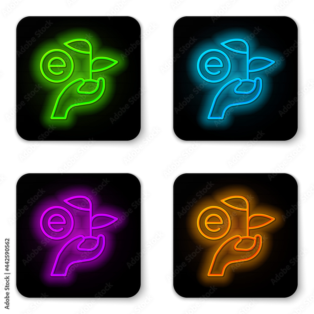Glowing neon line Leaf in hand of environmental protection icon isolated on white background. Seed and seedling. Planting sapling. Ecology concept. Black square button. Vector Glowing neon line Leaf in hand of environmental protection icon isolated on white background. Seed and seedling. Planting sapling. Ecology concept. Black square button. Vector