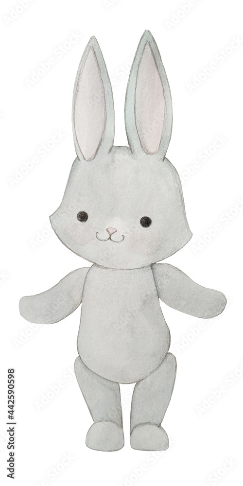 Watercolor grey bunny on the white background