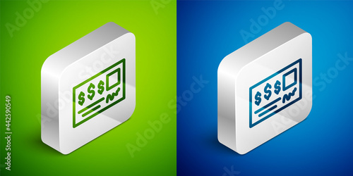 Isometric line Blank template of the bank check and pen icon isolated on green and blue background. Checkbook cheque page with empty fields to fill. Silver square button. Vector