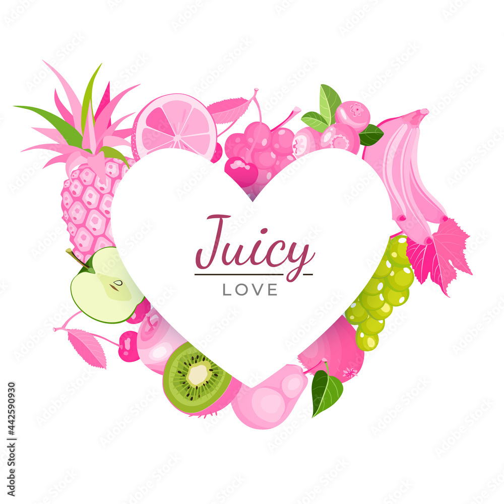 Pink fruits heart frame with text Juicy love. Creative poster with exotic organic fruits whole and cut into slices for Valentines day, wedding, kids, banner, T-short print. Vector illustration. Pink fruits heart frame with text Juicy love. Creative poster with exotic organic fruits whole and cut into slices for Valentines day, wedding, kids, banner, T-short print. Vector illustration.