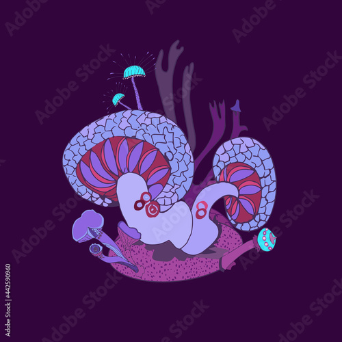 Fantasy decorative background with magic mushrooms of various shape on dark background. Beautiful magic landscape, hand drawn concept. Vector illustration.