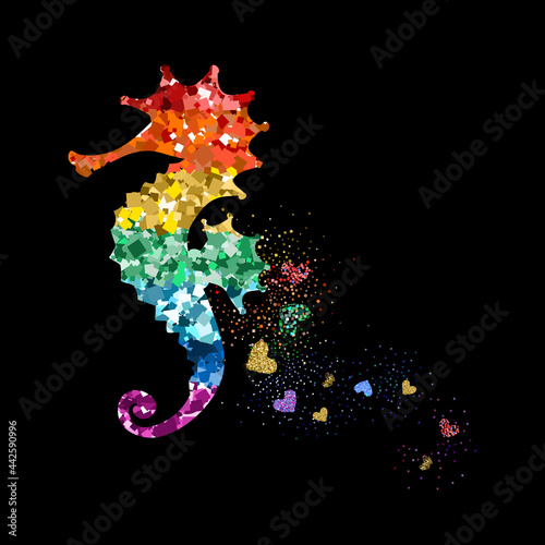 Rainbow colors glittering seahorse with hearts. Beautiful colorful silhouettes on black background for Valentines day, wedding, kids, branding, label, banner, or LGBT symbol. Vector illustration.