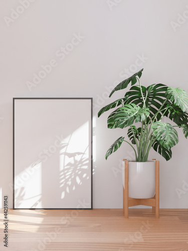 Room and the white wall background  tree and frame on the  floor   minimal style  frame form mock up - 3D rendering -