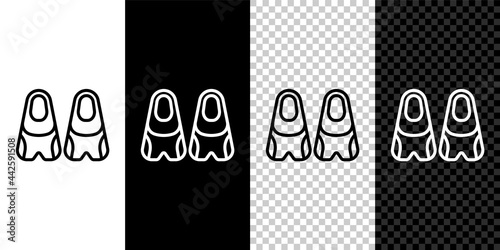 Set line Rubber flippers for swimming icon isolated on black and white, transparent background. Diving equipment. Extreme sport. Diving underwater equipment. Vector