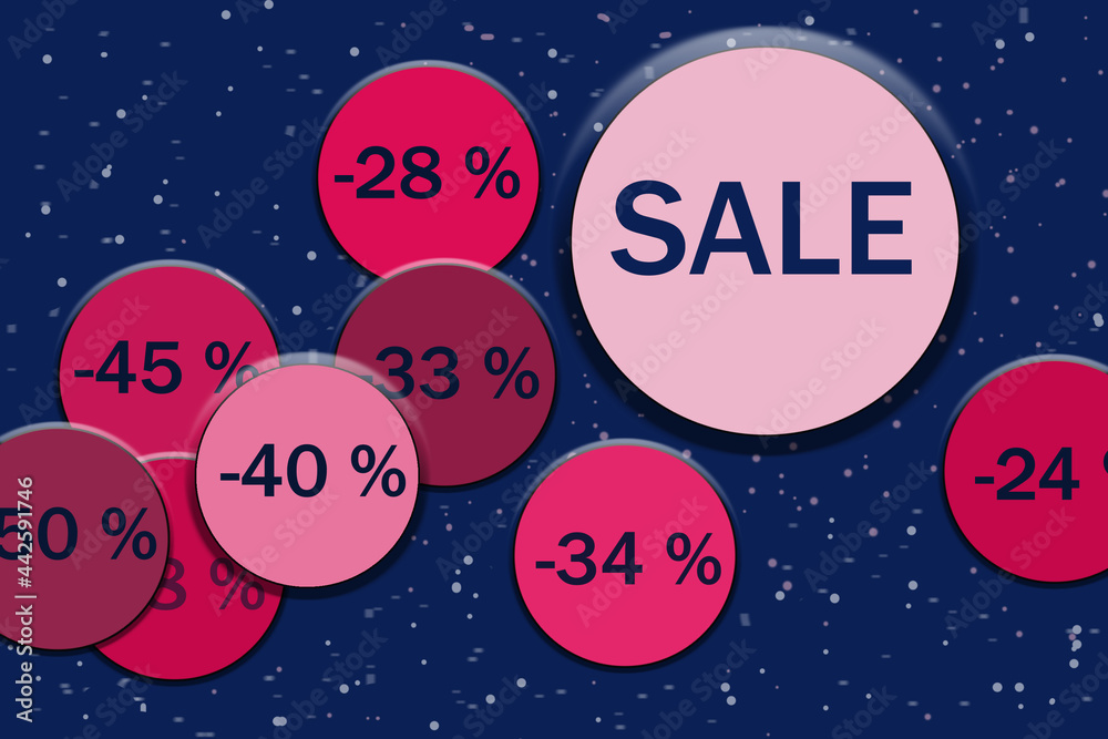 Naklejka premium A web banner with circles of various sizes and colors. On the largest circle there is an inscription discount, on the rest the numbers 40, 50, 23, 45,33. A banner for the design of an article, website