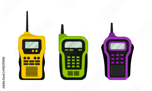 Colorful Portable Radio Device or Walkie Talkie with Antenna Vector Set