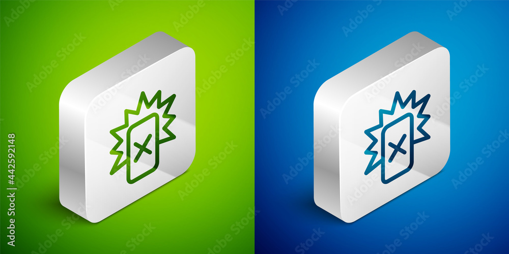 Isometric line Red card football icon isolated on green and blue background. Referee card. Silver square button. Vector Isometric line Red card football icon isolated on green and blue background. Referee card. Silver square button. Vector