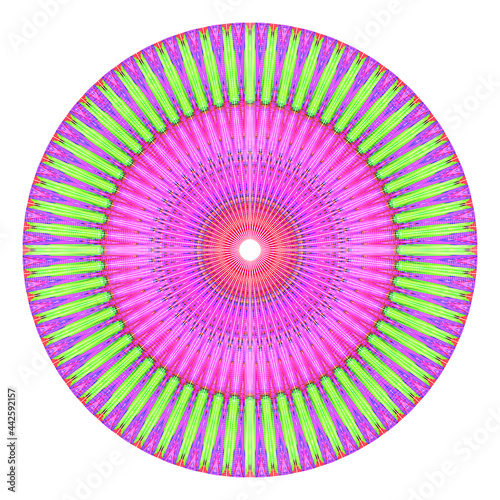 Creative multicolored dotted round symbol. Abstract symmetrical logo. Mosaic colors beautiful pattern. Circle lines modern pixel floral art icon. Colored pattern ornament wheel decorative illustration