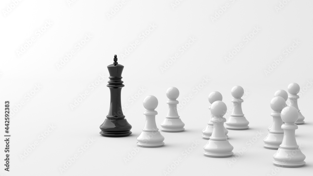 Leadership concept, black king of chess, standing out from the crowd of white pawns, on white background. 3D Rendering