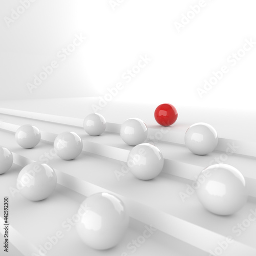 Leadership concept  red leader ball  standing out from the crowd of white balls. 3D Rendering