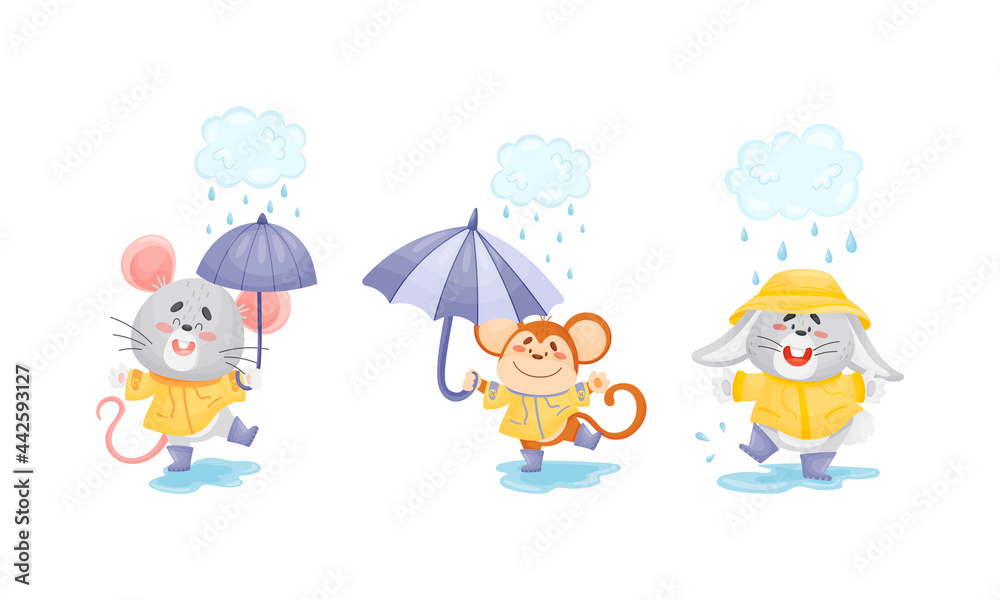 Smiling Animals Wearing Coat Walking on Puddles in Rainy Day with Umbrella Vector Set Smiling Animals Wearing Coat Walking on Puddles in Rainy Day with Umbrella Vector Set