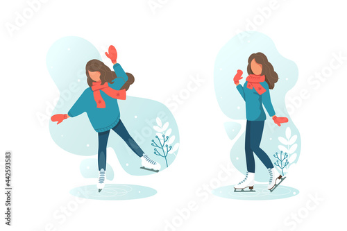 Young girl is skating on ice. Winter sports. Figure skating. Woman learns to skate. Snowfall, winter. International Day of Snow and Winter Sports. Cute vector illustration in flat cartoon style	