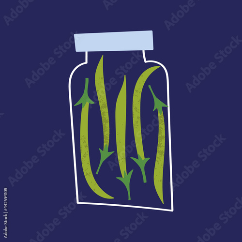 Pickled green beans in the glass jar. Flat hand drawn pickled vegetable. Cute container for canning with homemade marinated french beans.