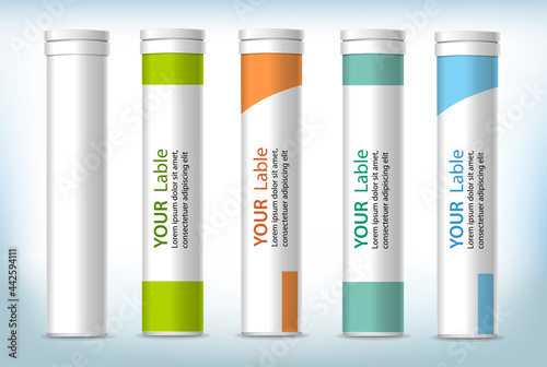 Vector white and mockup collection of medical vertical boxes for solvable tablets.  Templates isolated on background