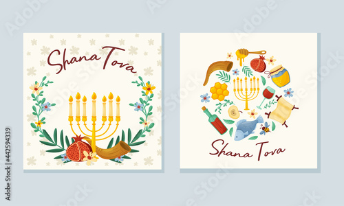 Rosh Hashana Jewish Holiday Greeting Card with Attributes and Symbolic Food Vector Set
