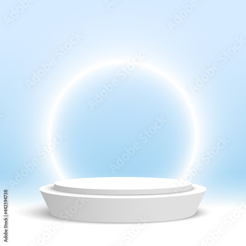 Blank white podium with glowing ring. Round pedestal. Cosmetic products display platform. 3d render stage. Exhibition stand. Vector illustration.