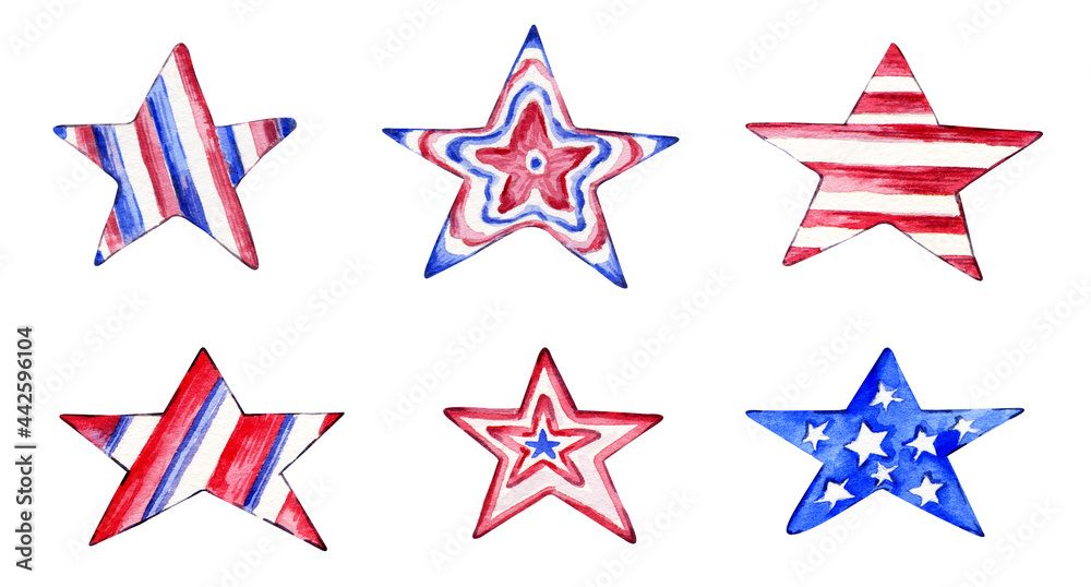 American stars set. Hand-drawn watercolor illustration isolated on white background for the design of postcards, stickers, mugs. Independence Day in the USA 4th of July American stars set. Hand-drawn watercolor illustration isolated on white background for the design of postcards, stickers, mugs. Independence Day in the USA 4th of July