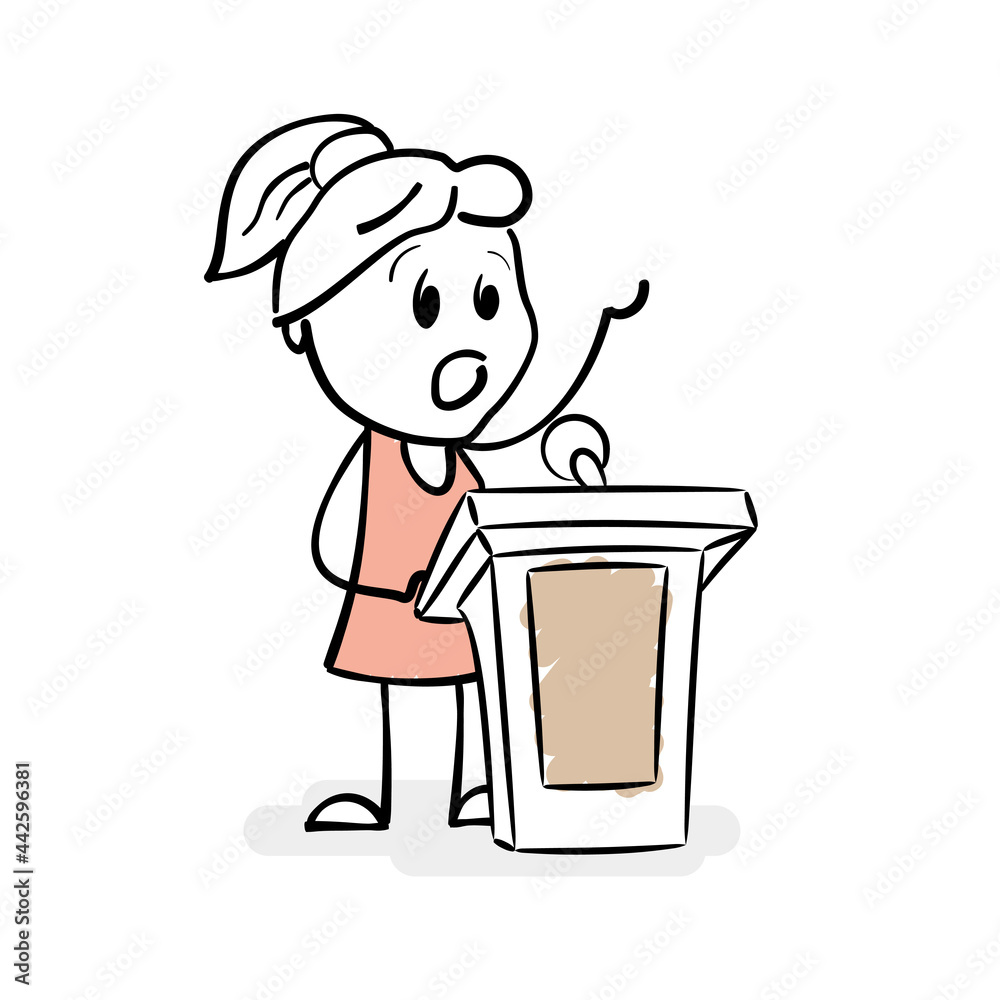 Doodle stick figure of young girl speaker on podium. Cartoon stick figure woman stands behind stage with a raised hand. Orator speaking from tribune. Stick girl giving a lecture. Vector illustration. Doodle stick figure of young girl speaker on podium. Cartoon stick figure woman stands behind stage with a raised hand. Orator speaking from tribune. Stick girl giving a lecture. Vector illustration.