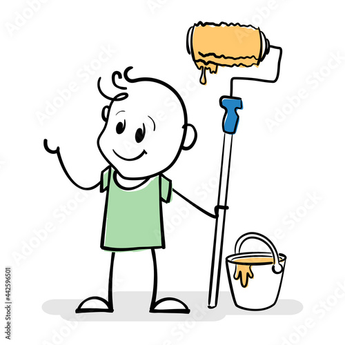 Smiling stickman painter holding roller with paint. Cartoon stick figure drawing conceptual illustration of young boy looks at his creative work. You can to add your text or drawing. Doodle style.