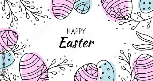 Festive Banner with Easter Eggs and Pussy Willow Branches. Decorative horizontal banner with Easter Eggs with decor. Vector border with place for text