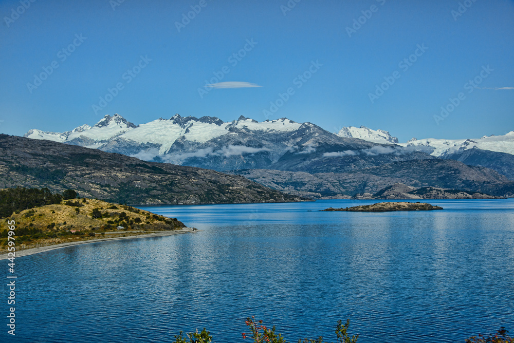 View of Cerro Castillo over Lago General Carrera, Chile Chico, Aysen, Patagonia, Chile