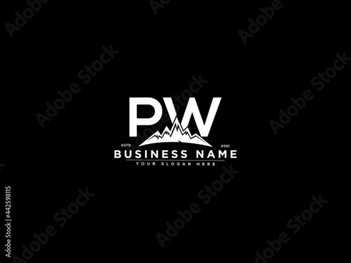 Letter PW Logo, mountain pw logo icon vector for river forest hill landscape silhouette image design