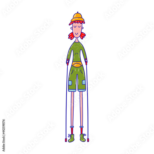 Vector illustration of a girl holding poles for nordic walking - Cartoon colorful character of a young lady going hiking on white background - Cheerful design for print, card, cover, sticker