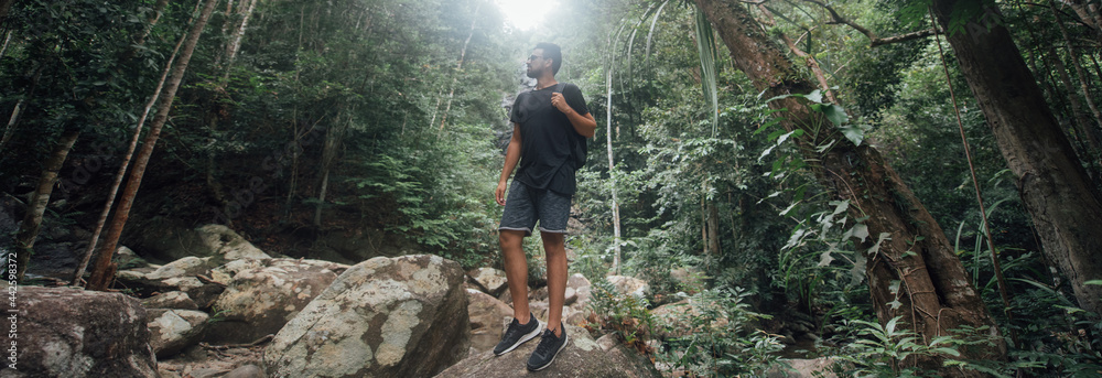 Male tourist on the stones in the rainforest. - obrazy, fototapety, plakaty 