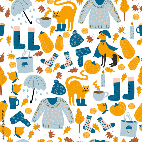 Seamless pattern of autumn set: falling leaves, pumpkins, sweater, cute cat, dog, candles and other. Fall season elements. Vector illustration
