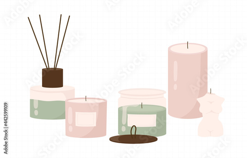 Collection of various candles. Trend candles of different sizes and shapes. Decorative wax candles for aromatherapy, spa and relax. Flat cartoon vector illustration. Isolated on white background. 