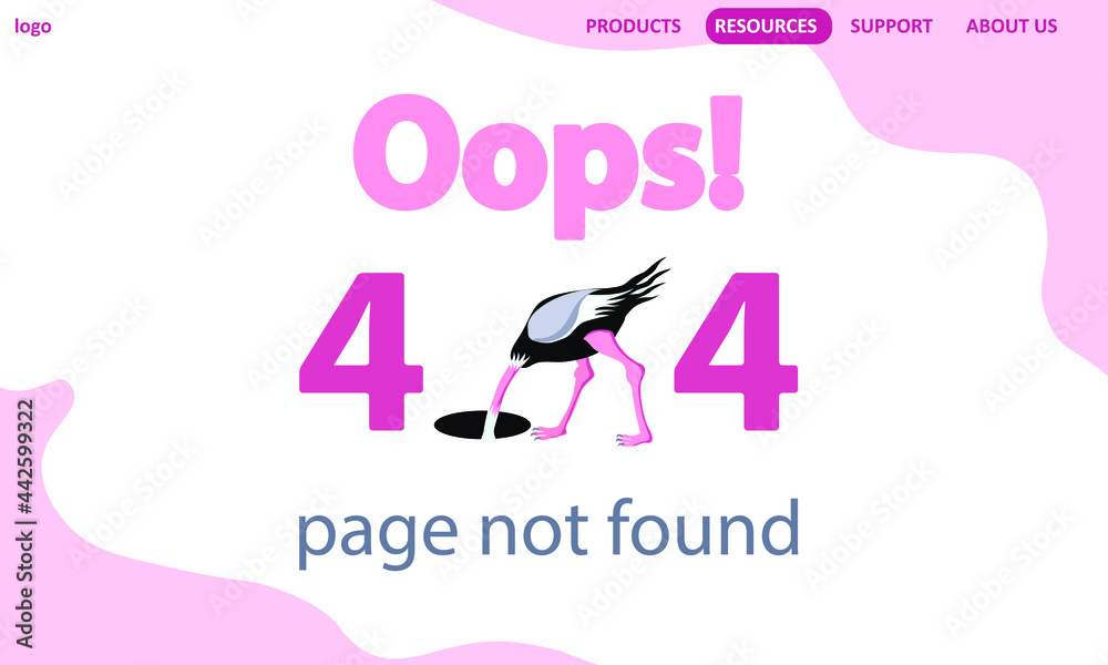 Oops! Error 404, page not found. Ostrich head in a hole. Broken page system error. Website design. Oops! Error 404, page not found. Ostrich head in a hole. Broken page system error. Website design.