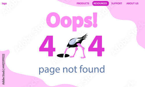 Oops! Error 404, page not found. Ostrich head in a hole. Broken page system error. Website design.