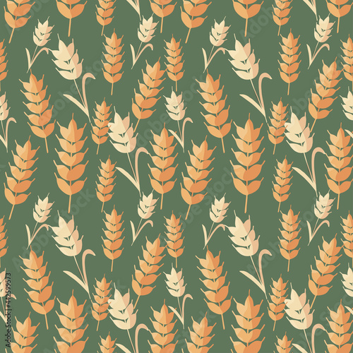 Wheat ears on violet background. Endless vector texture. Illustration for agriculture or bakery, print for textile.