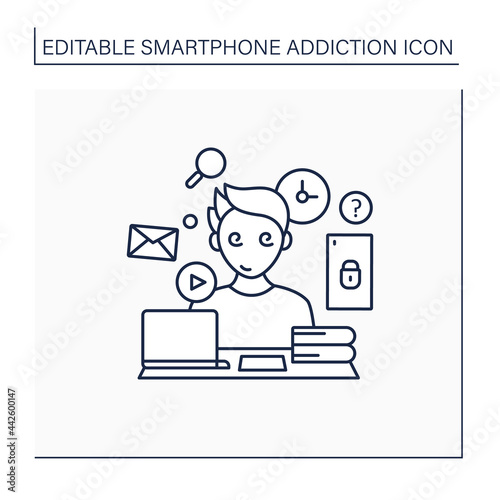 Information overload line icon. Overwhelmed with facts and data.Inability to focus in workspace.Smartphone addiction concept. Isolated vector illustration. Editable stroke