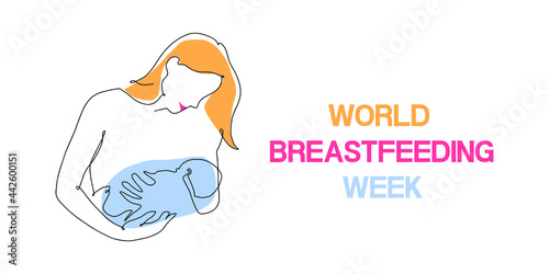 World Breastfeeding Week. Vector banner, poster, card for social networks and media. Logo of a mother nursing a baby. Pastel color. Support for Breastfeeding concept