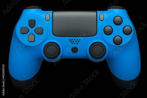 Realistic blue joystick for video game controller on black background