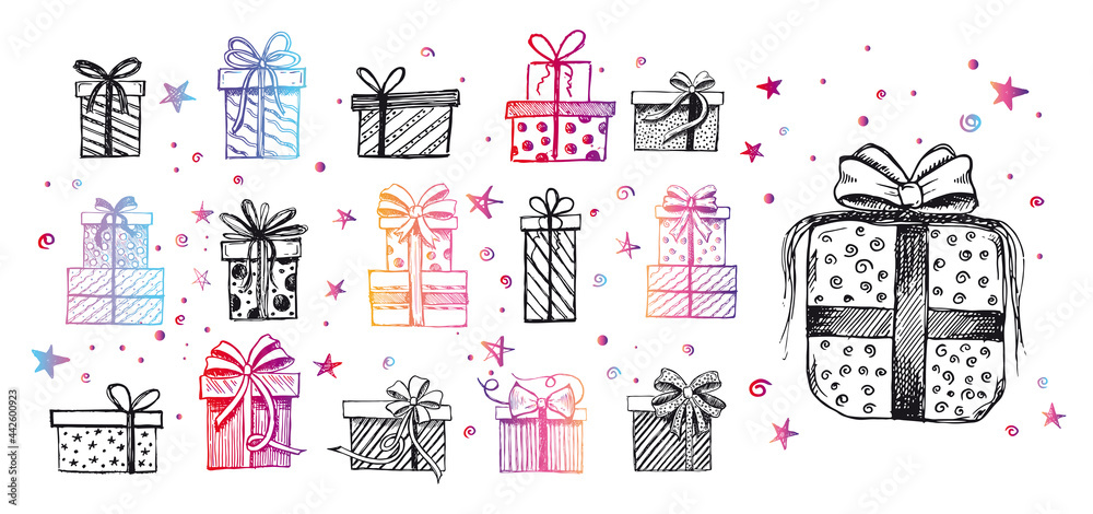 Naklejka premium Christmas set. Doodle icons of gift box. Hand drawn elements. Vector.