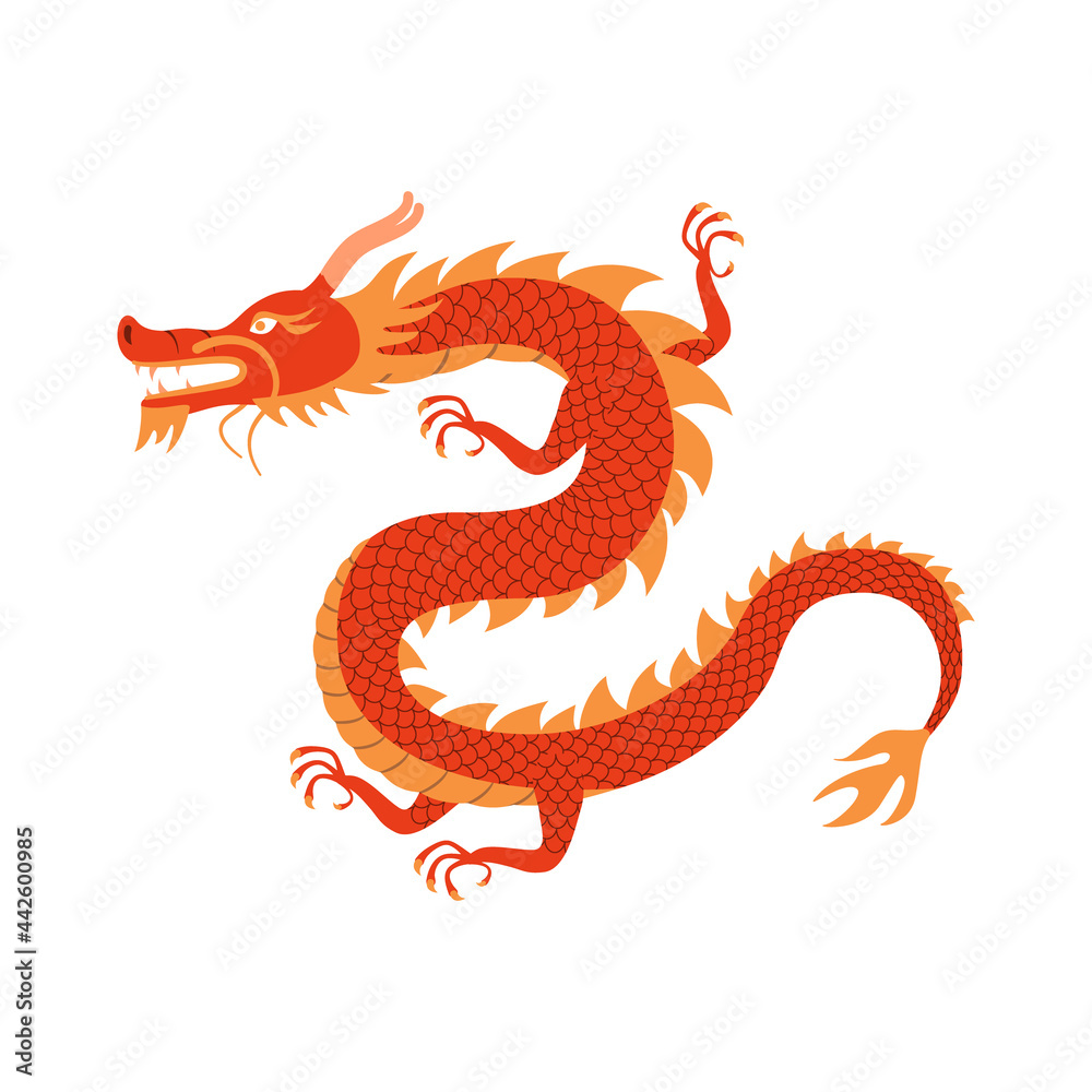 Fototapeta premium Chinese red dragon. A traditional character from legends. Color vector illustration of a flat style. White isolated background.