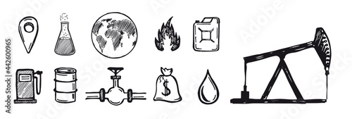 Oil icons - barrel. Hand drawn collection isolated on white background. Vector illustration.	