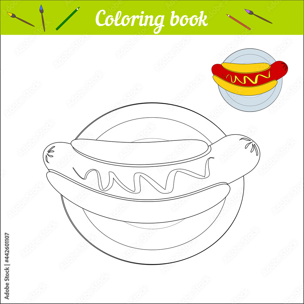 Hot dog on a plate. Simple coloring book for children. Black and white cartoon illustration and color swatch. Vector food. Hot dog on a plate. Simple coloring book for children. Black and white cartoon illustration and color swatch. Vector food.