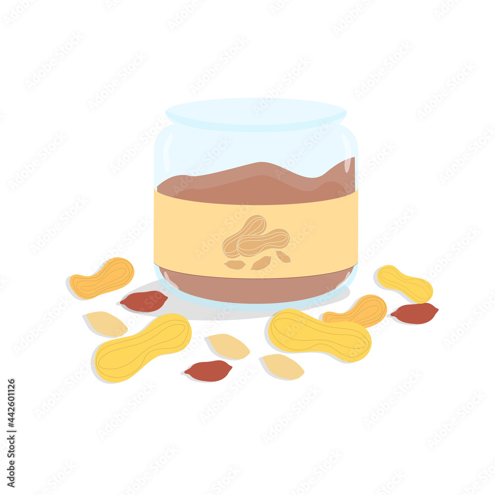 Glass jar filled with peanut butter. Vector food illustration in cartoon style. Opened jar and sprinkled peanuts
