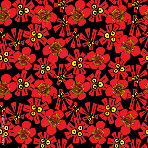 red wildflowers folk style seamless vector pattern