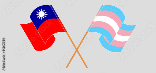 Crossed and waving flags of Taiwan and Transgender Pride