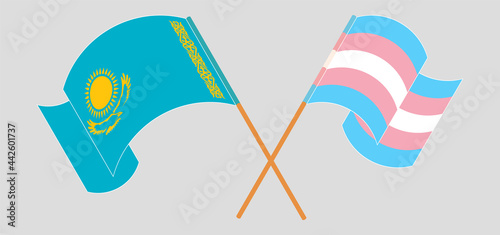 Crossed and waving flags of Kazakhstan and Transgender Pride