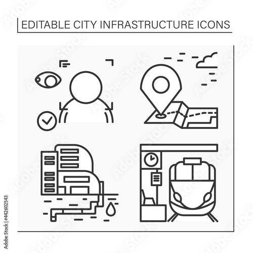 City infrastructure line icons set.Landmark, face recognition, railway station, water supply. Industrialization Isolated vector illustrations. Editable stroke