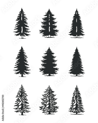 vintage pine tree christmas tree and snow tree silhouette set