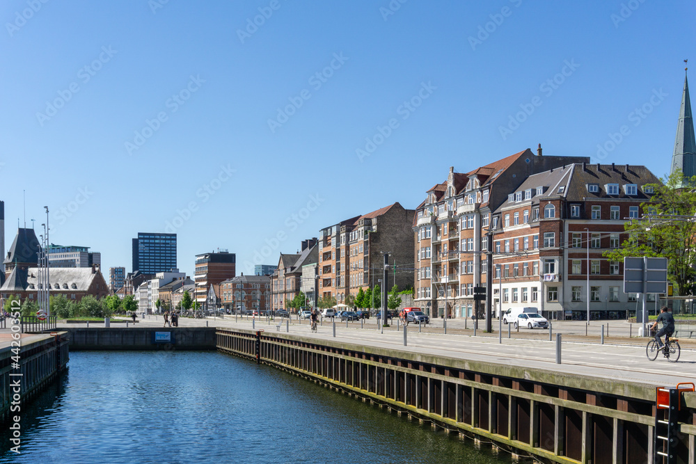 view of the harbor front and canals in Aarhus on a beautiful summer day