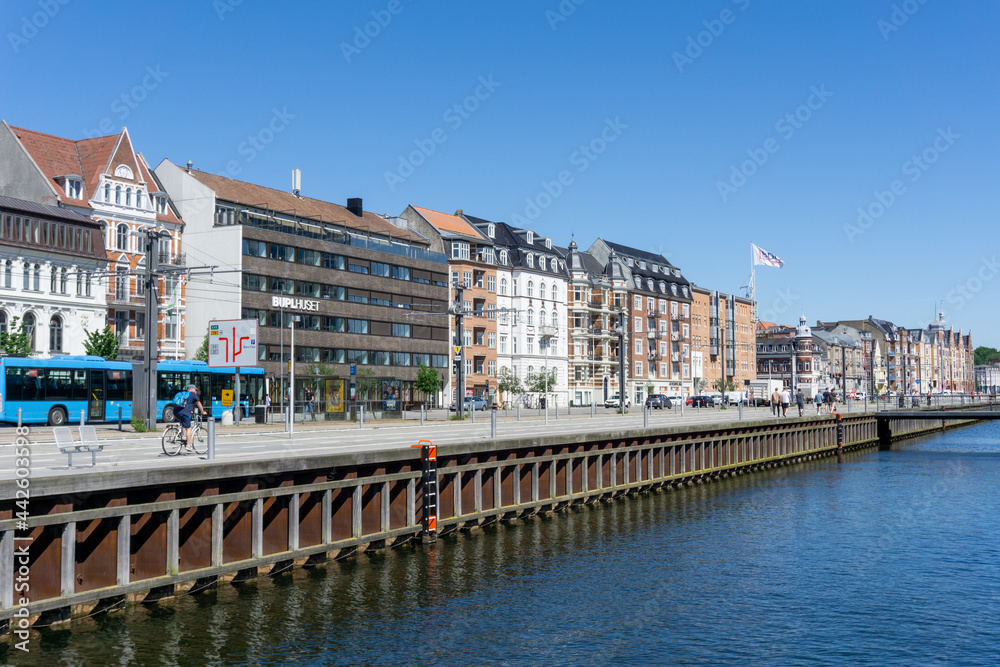 view of the harbor front and canals in Aarhus on a beautiful summer day